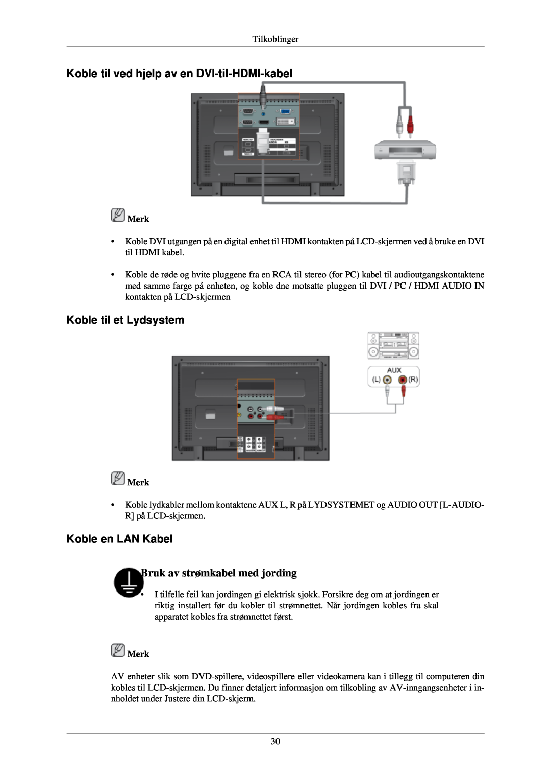 Samsung LH46TCUMBC/EN manual Koble til ved hjelp av en DVI-til-HDMI-kabel, Koble til et Lydsystem, Koble en LAN Kabel, Merk 