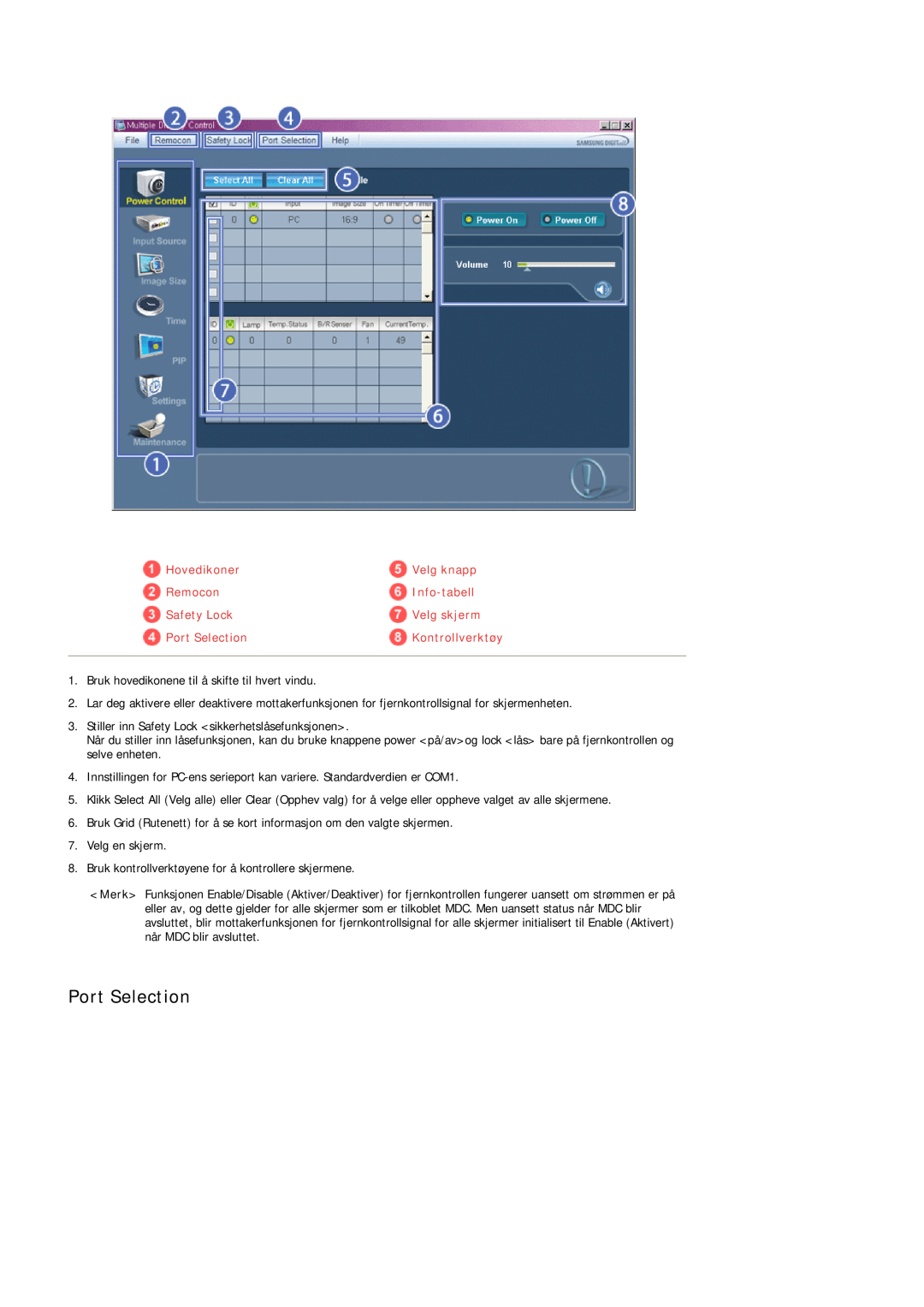 Samsung LH40TCUMBC/EN manual Port Selection, Hovedikoner, Velg knapp, Remocon, Info-tabell, Safety Lock, Velg skjerm 