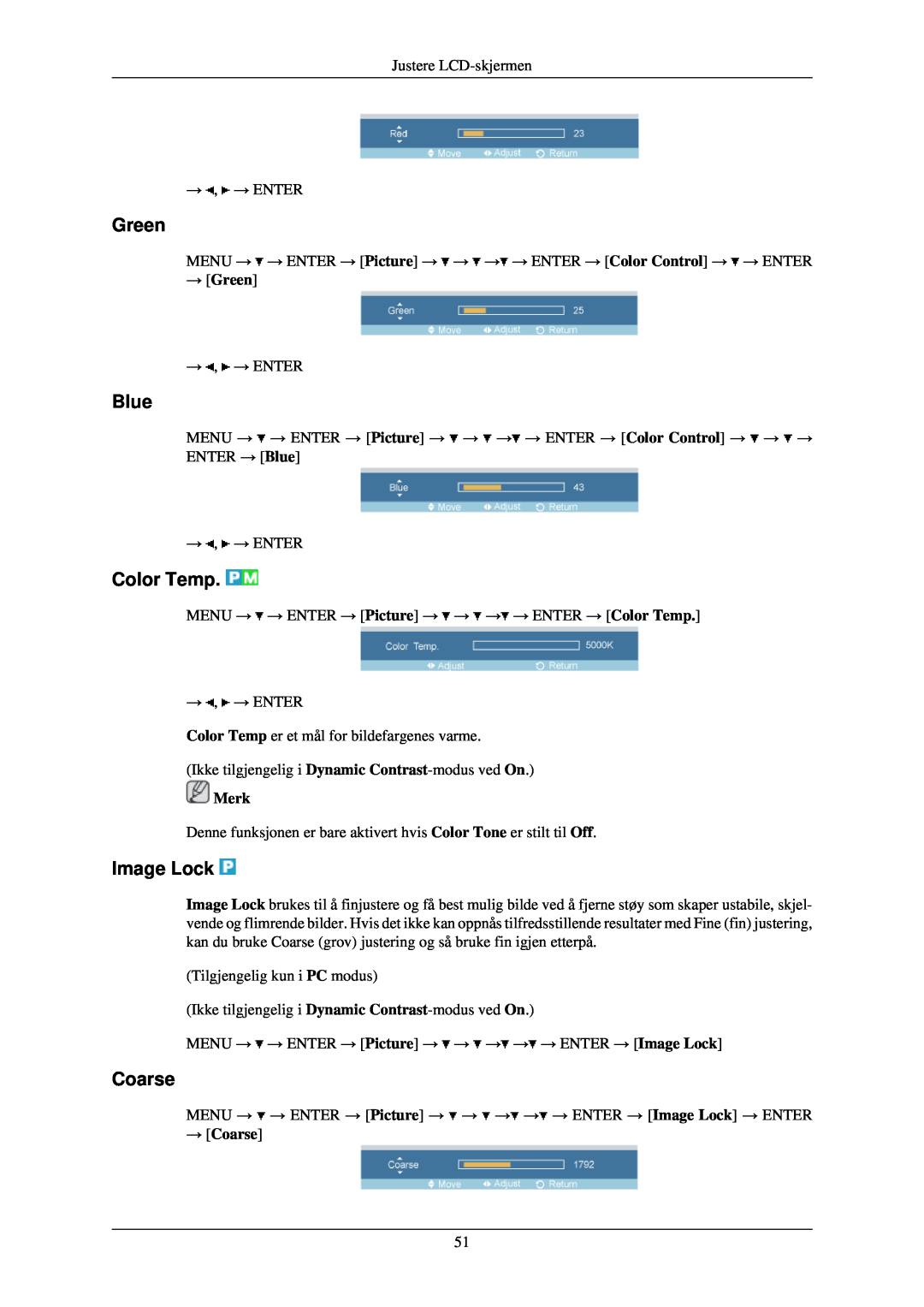 Samsung LH46TCUMBC/EN, LH40TCUMBG/EN, LH40TCQMBG/EN manual Blue, Color Temp, Image Lock, → Green, → Coarse, Merk 