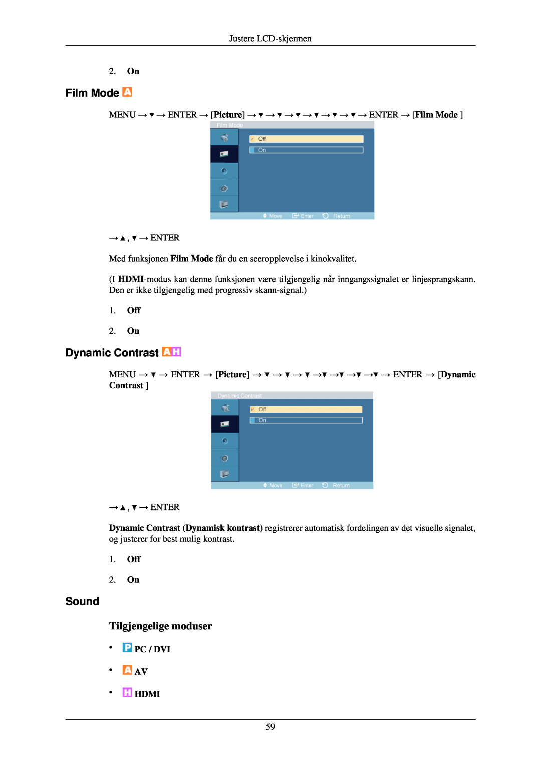 Samsung LH40TCUMBC/EN manual Film Mode, Sound, 2. On, MENU → → ENTER → Picture → → → → → → → → ENTER → Dynamic Contrast 