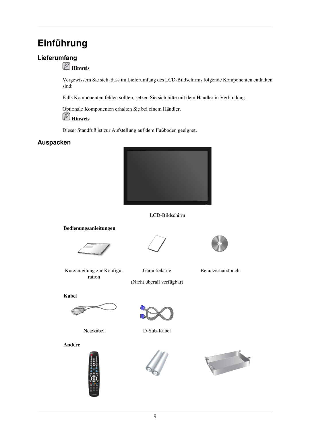 Samsung LH46TCUMBG/EN, LH40TCUMBG/EN, LH46TCUMBC/EN, LH40TCUMBC/EN manual Lieferumfang, Auspacken 