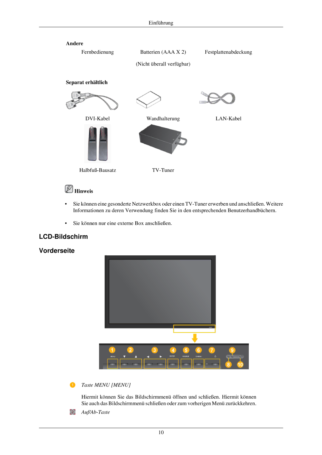 Samsung LH40TCUMBC/EN, LH40TCUMBG/EN, LH46TCUMBC/EN, LH46TCUMBG/EN LCD-Bildschirm Vorderseite, Taste Menu Menu, Auf/Ab-Taste 