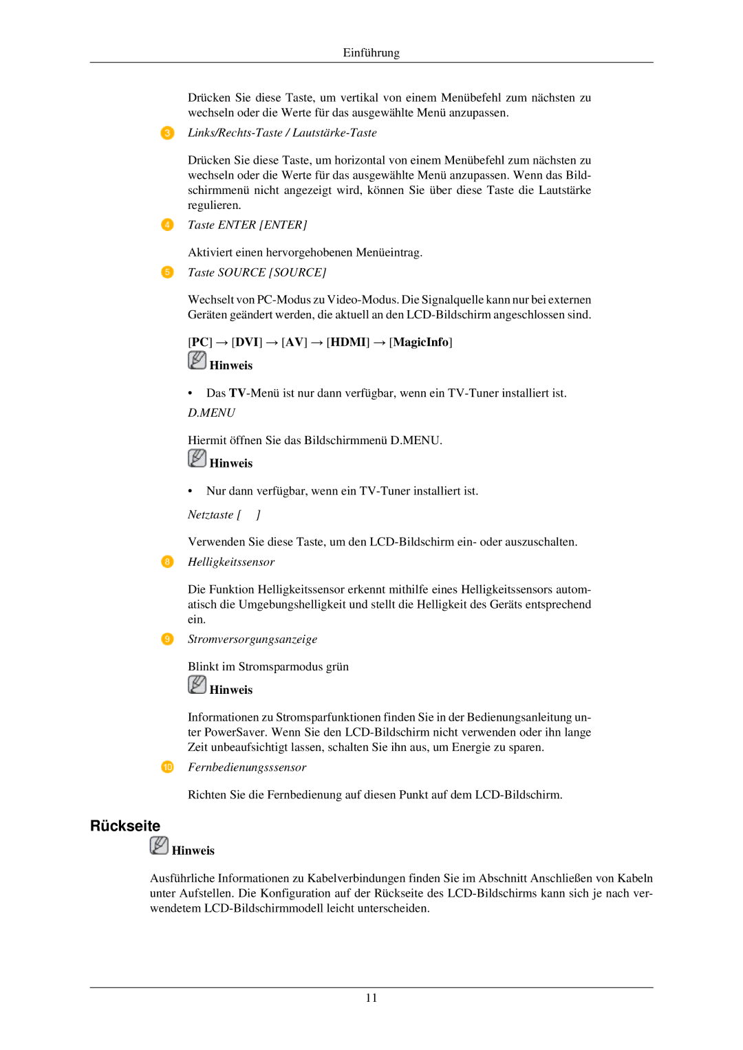 Samsung LH40TCUMBG/EN, LH46TCUMBC/EN, LH46TCUMBG/EN, LH40TCUMBC/EN manual Rückseite, Menu 