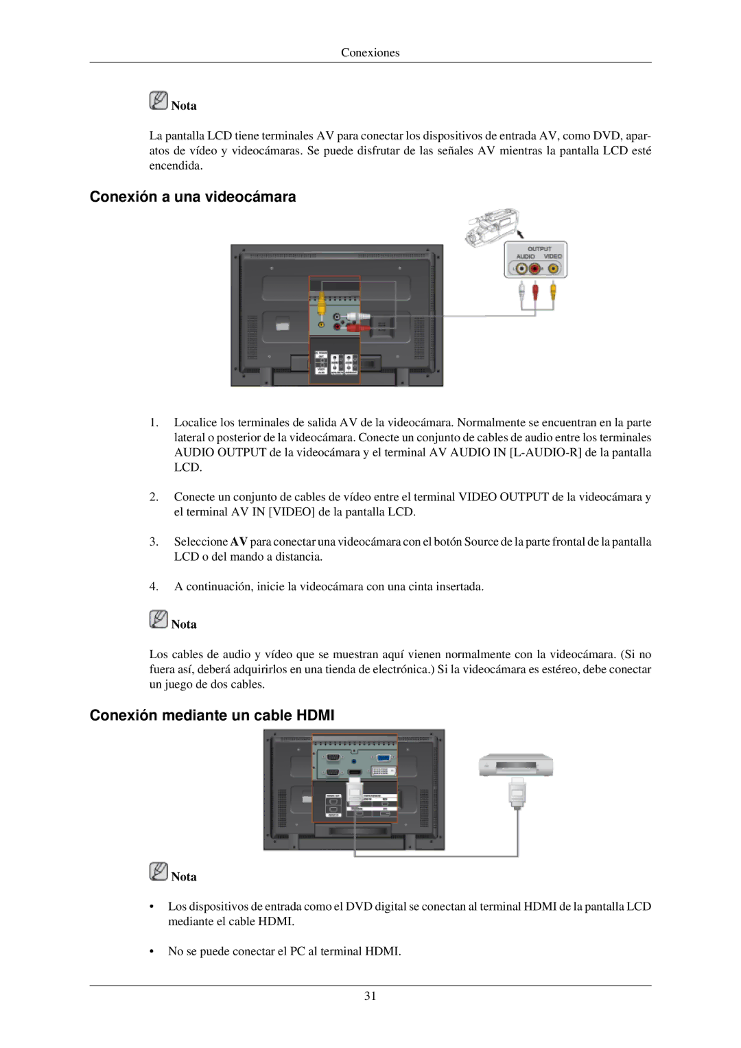 Samsung LH46TCUMBC/EN, LH40TCUMBG/EN, LH46TCUMBG/EN manual Conexión a una videocámara, Conexión mediante un cable Hdmi 