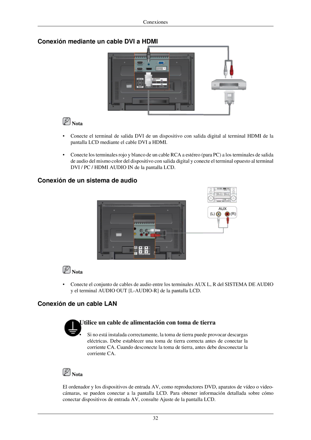 Samsung LH46TCUMBG/EN Conexión mediante un cable DVI a Hdmi, Conexión de un sistema de audio, Conexión de un cable LAN 