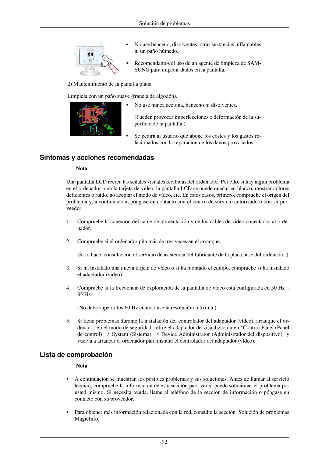 Samsung LH46TCUMBC/EN, LH40TCUMBG/EN, LH46TCUMBG/EN, LH40TCUMBC/EN Síntomas y acciones recomendadas, Lista de comprobación 