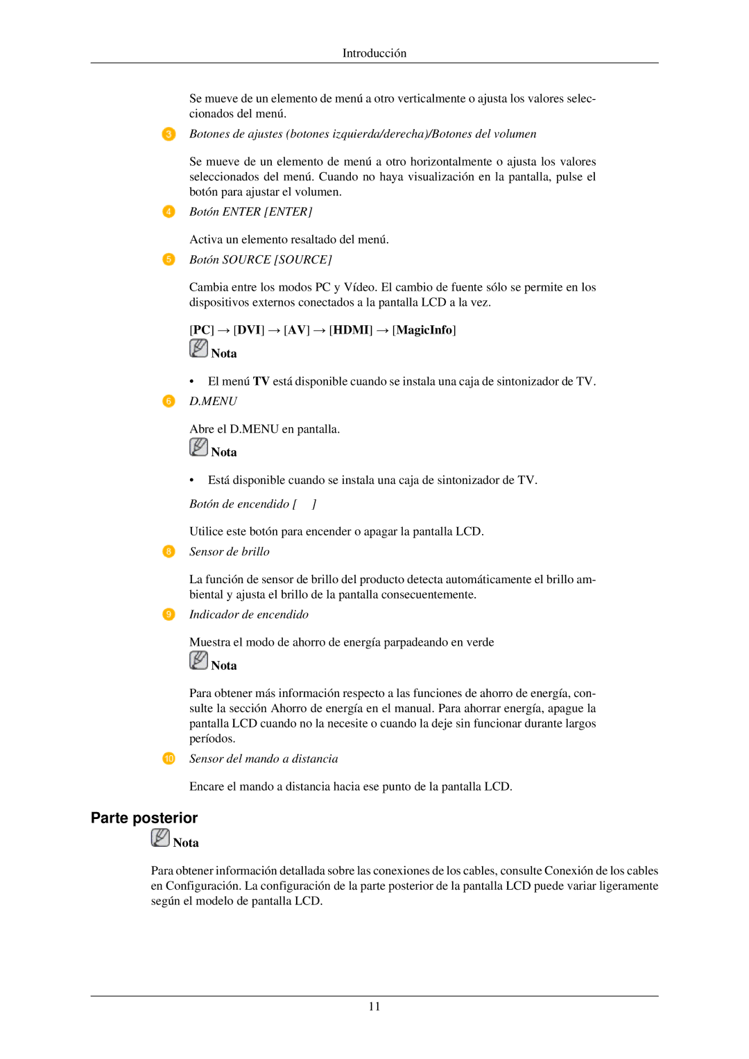 Samsung LH40TCUMBG/EN, LH46TCUMBC/EN, LH46TCUMBG/EN manual Parte posterior, PC → DVI → AV → Hdmi → MagicInfo Nota, Menu 