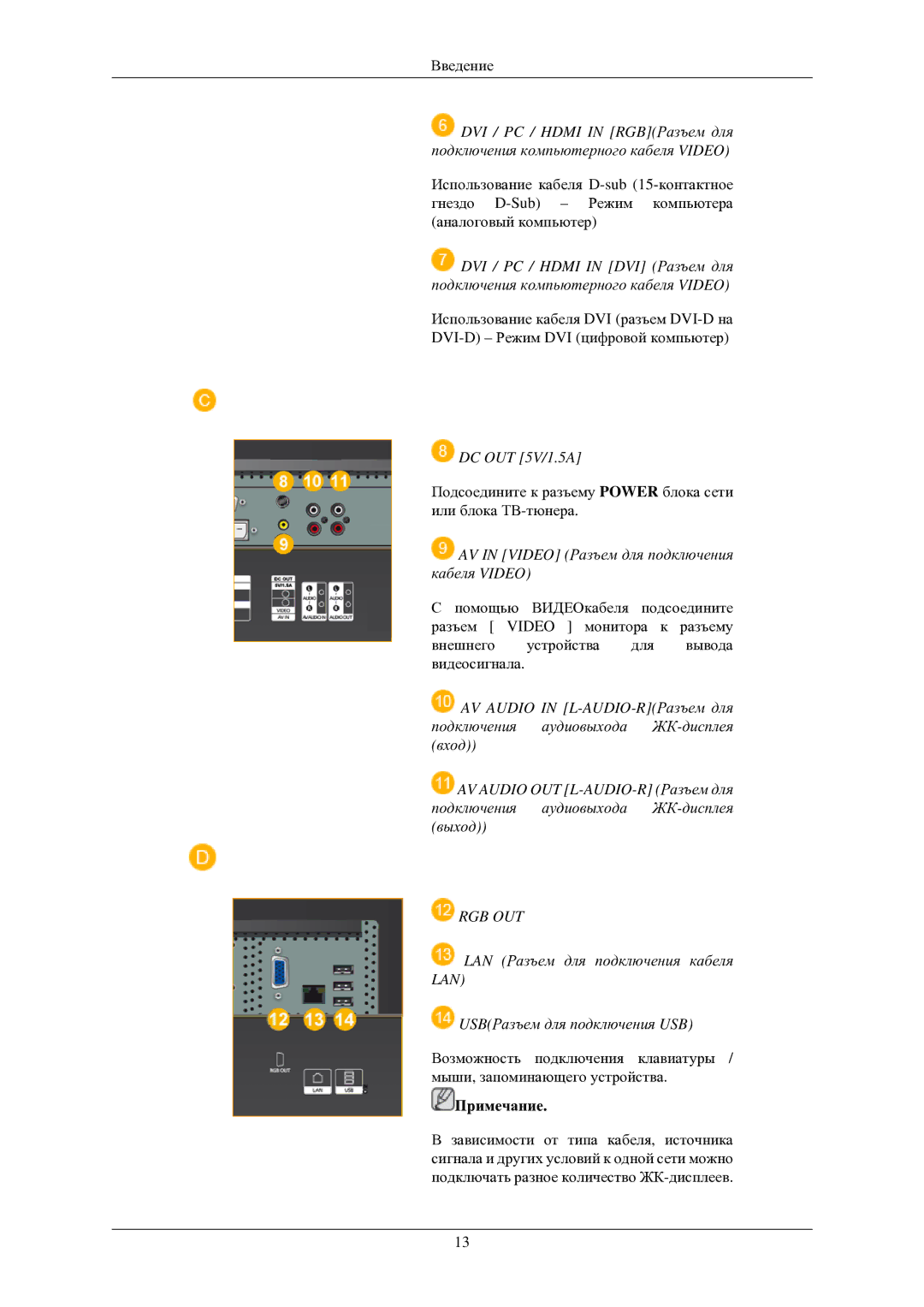 Samsung LH40TCUMBG/EN manual DC OUT 5V/1.5A, AV in Video Разъем для подключения кабеля Video, Rgb Out 