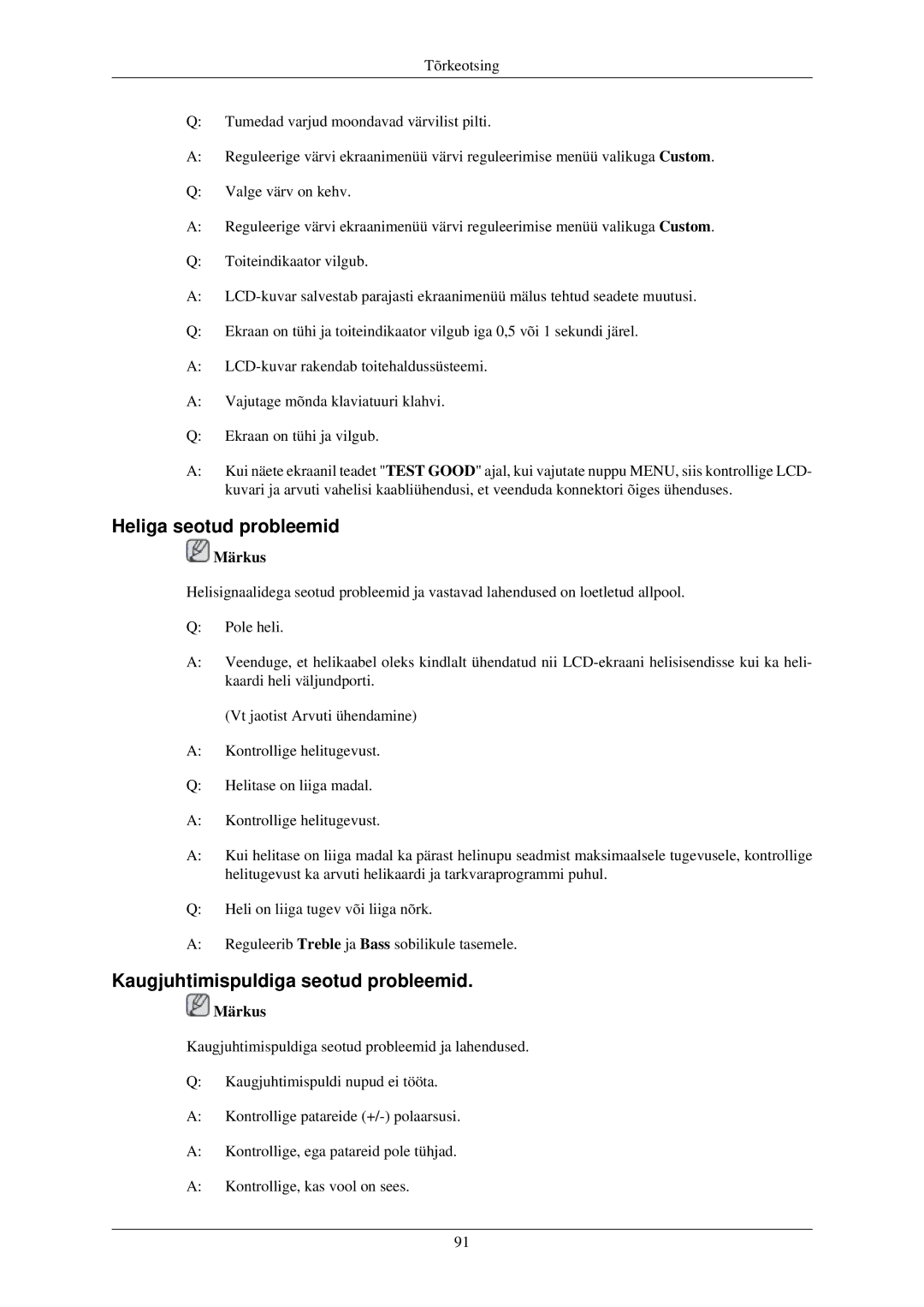 Samsung LH40TCUMBG/EN manual Heliga seotud probleemid, Kaugjuhtimispuldiga seotud probleemid 