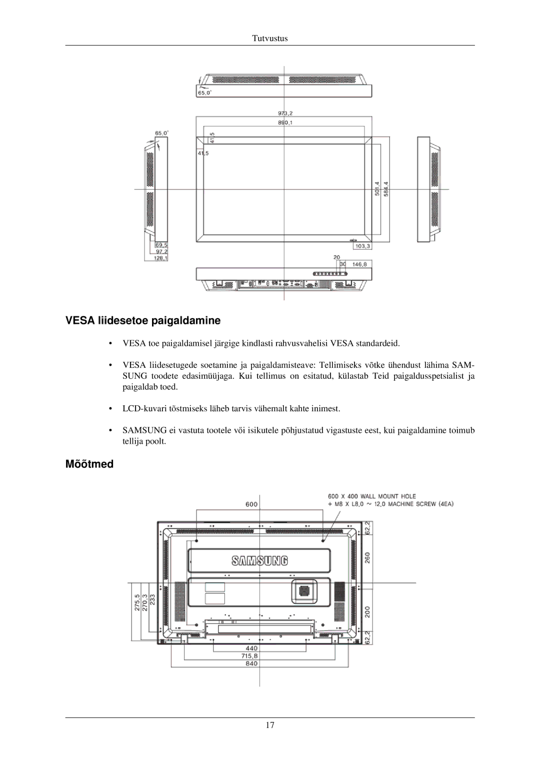 Samsung LH40TCUMBG/EN manual Vesa liidesetoe paigaldamine, Mõõtmed 