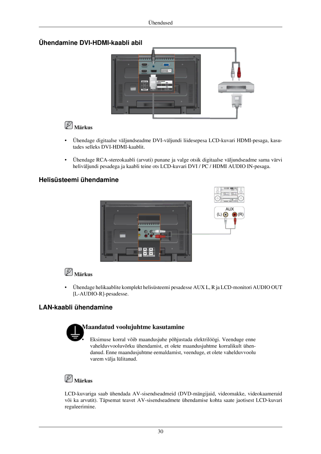 Samsung LH40TCUMBG/EN manual Ühendamine DVI-HDMI-kaabli abil, Helisüsteemi ühendamine, LAN-kaabli ühendamine 