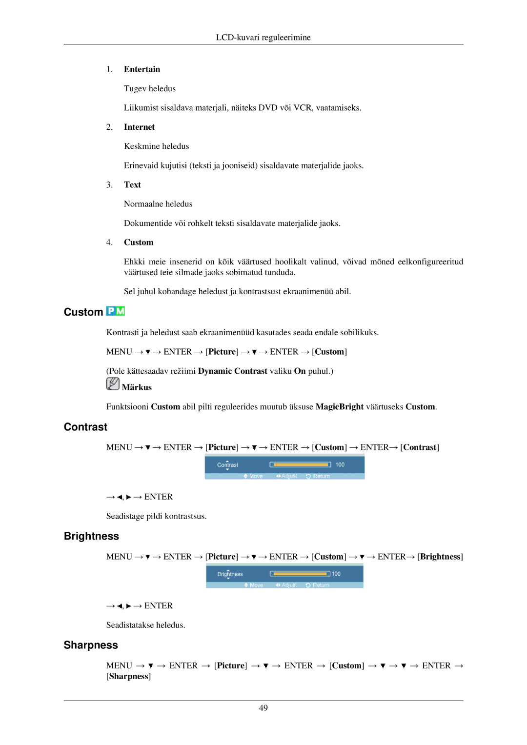 Samsung LH40TCUMBG/EN manual Custom, Contrast, Brightness, Sharpness 