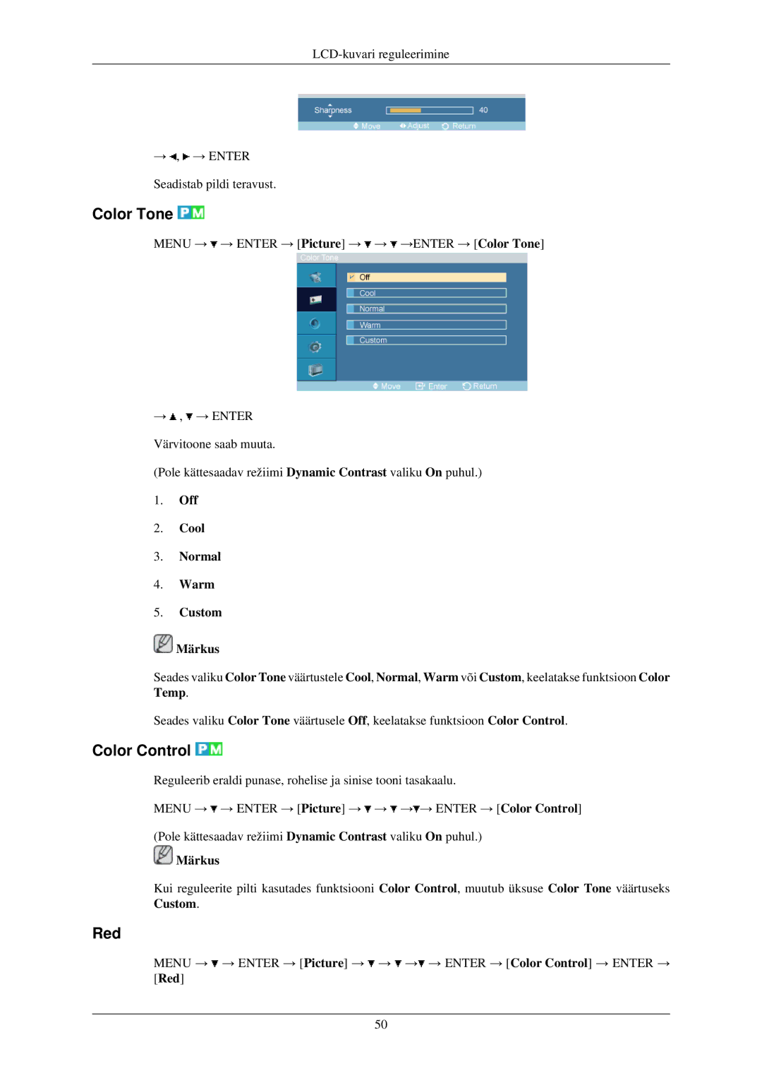 Samsung LH40TCUMBG/EN manual Color Tone, Color Control, Red, Off Cool Normal Warm Custom Märkus 