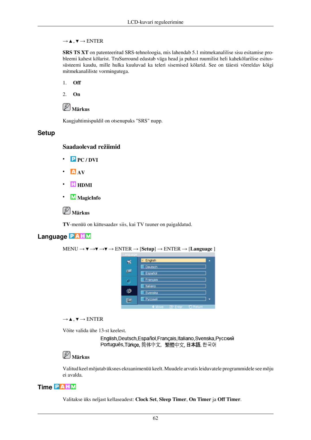 Samsung LH40TCUMBG/EN manual Setup, Language, Time, Off Märkus 