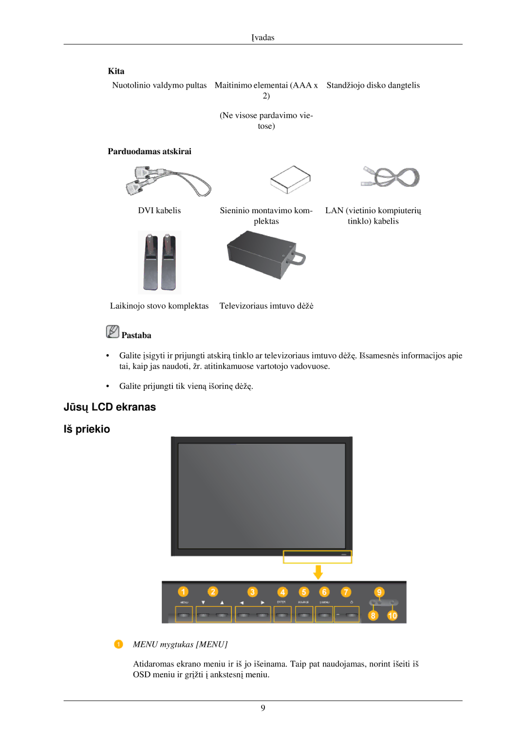 Samsung LH40TCUMBG/EN manual Jūsų LCD ekranas Iš priekio, Parduodamas atskirai 