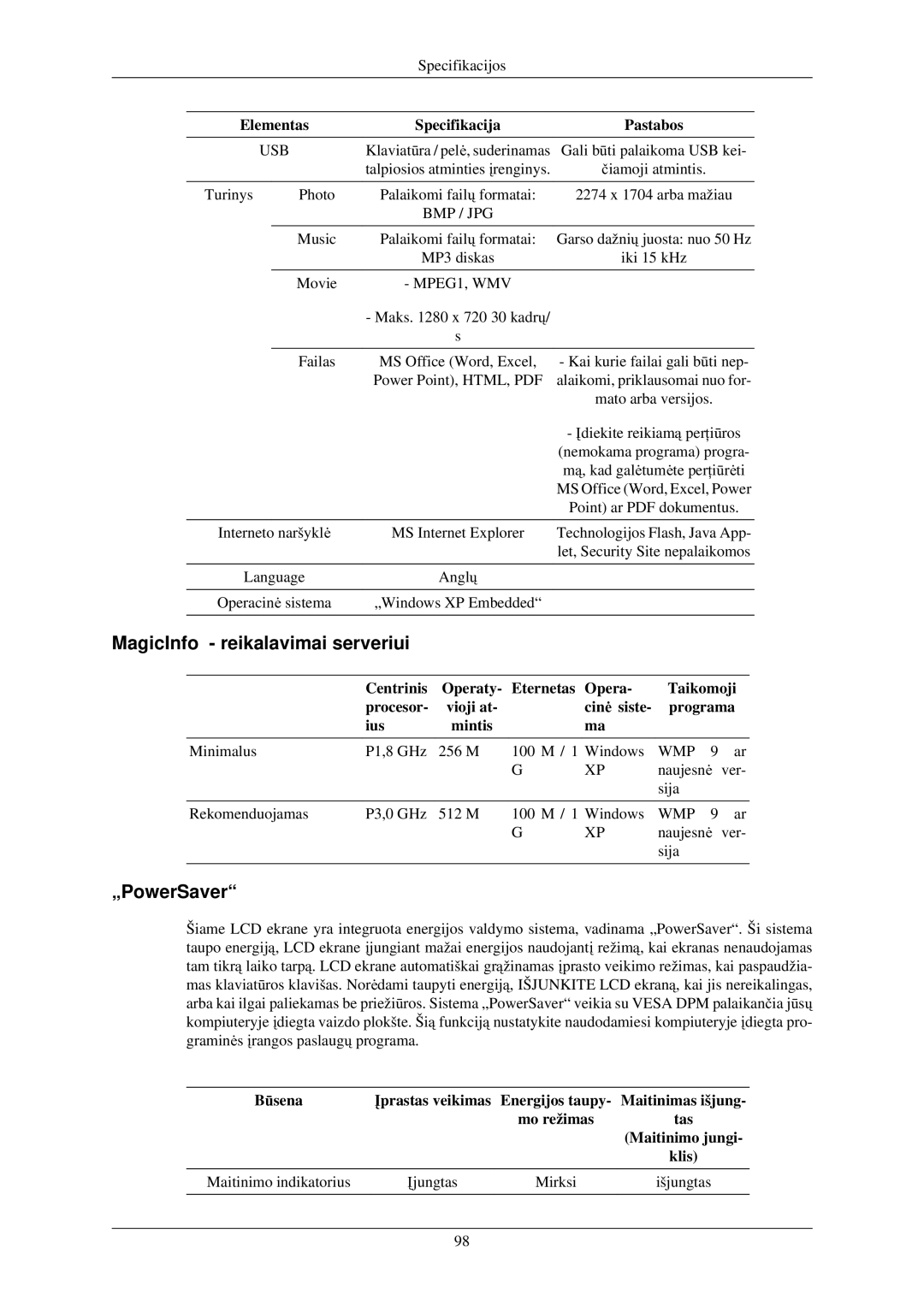 Samsung LH40TCUMBG/EN manual MagicInfo reikalavimai serveriui, „PowerSaver, Maitinimo indikatorius, Mirksi 