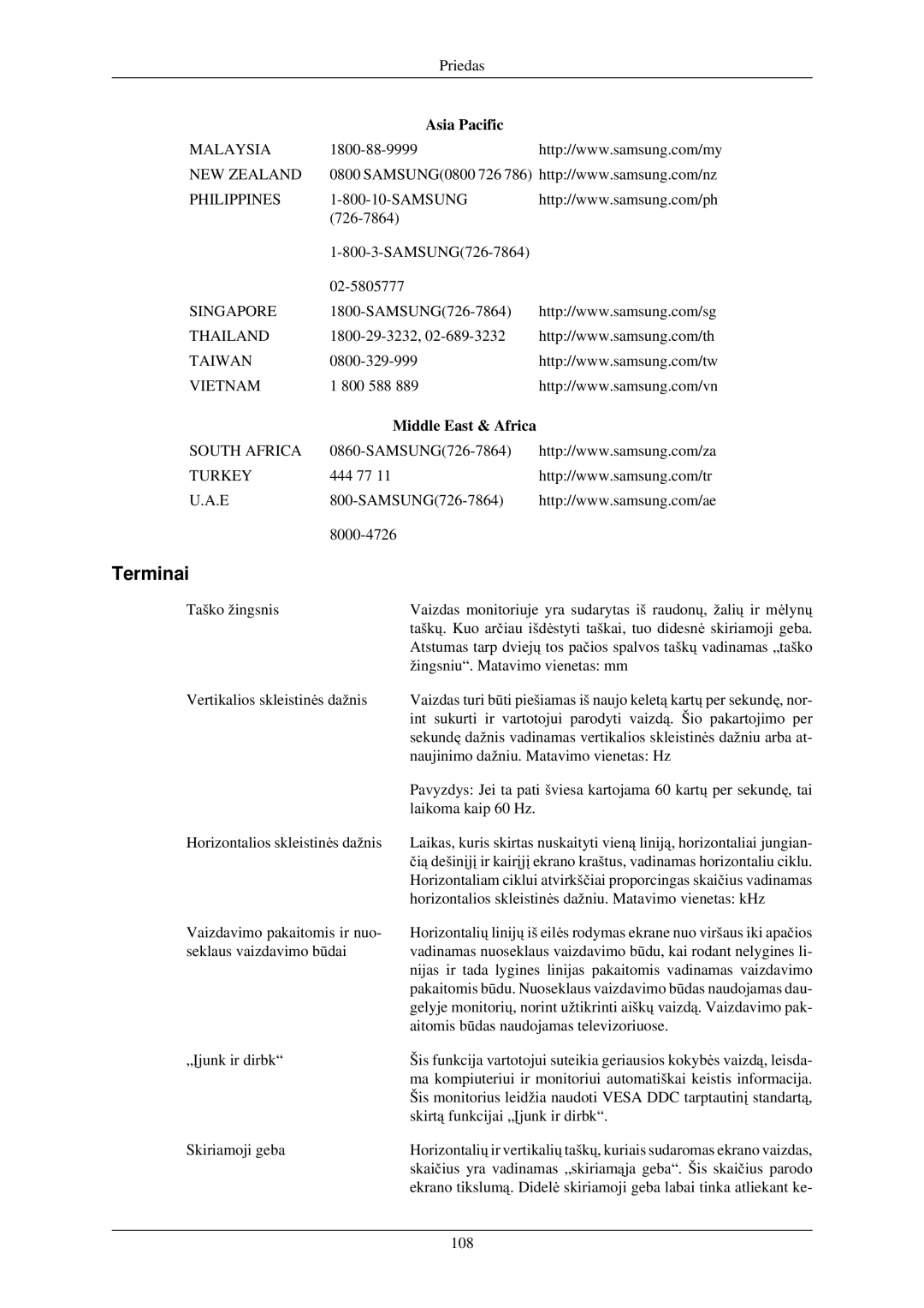 Samsung LH40TCUMBG/EN manual Terminai, Middle East & Africa 