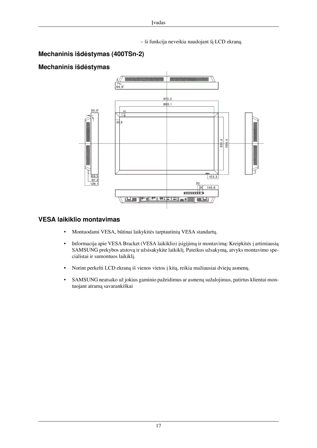 Samsung LH40TCUMBG/EN manual Mechaninis išdėstymas 400TSn-2 Vesa laikiklio montavimas 