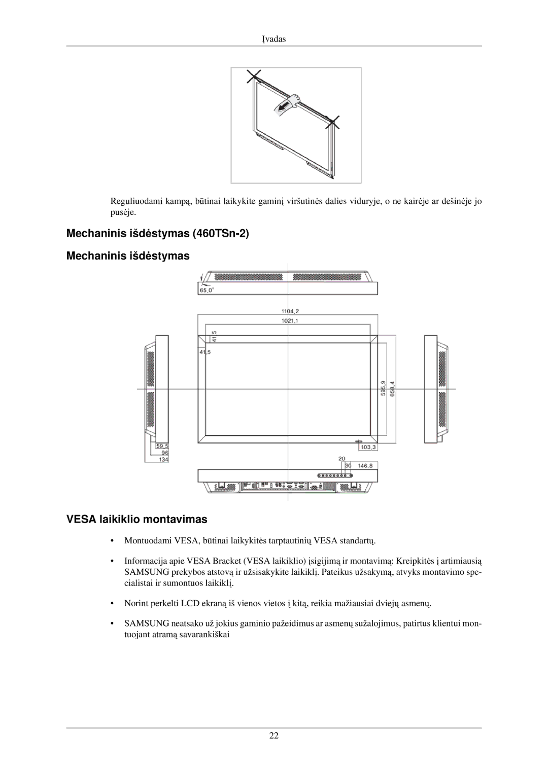 Samsung LH40TCUMBG/EN manual Mechaninis išdėstymas 460TSn-2 Vesa laikiklio montavimas 