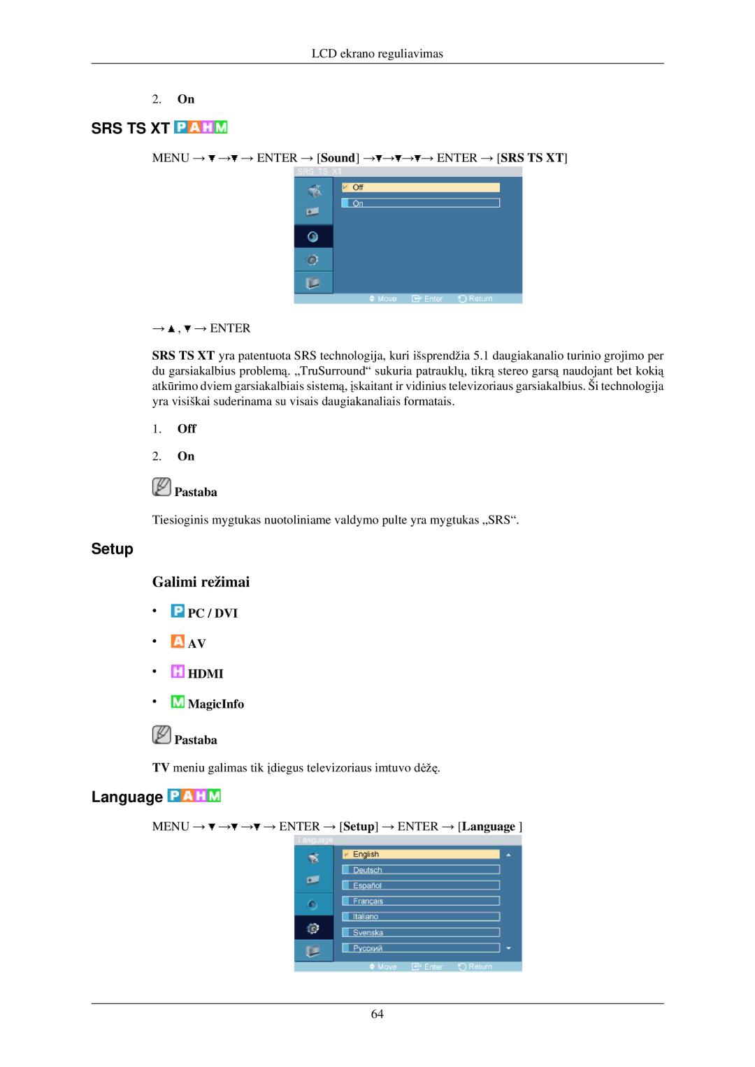 Samsung LH40TCUMBG/EN manual Setup, Language, Off Pastaba 