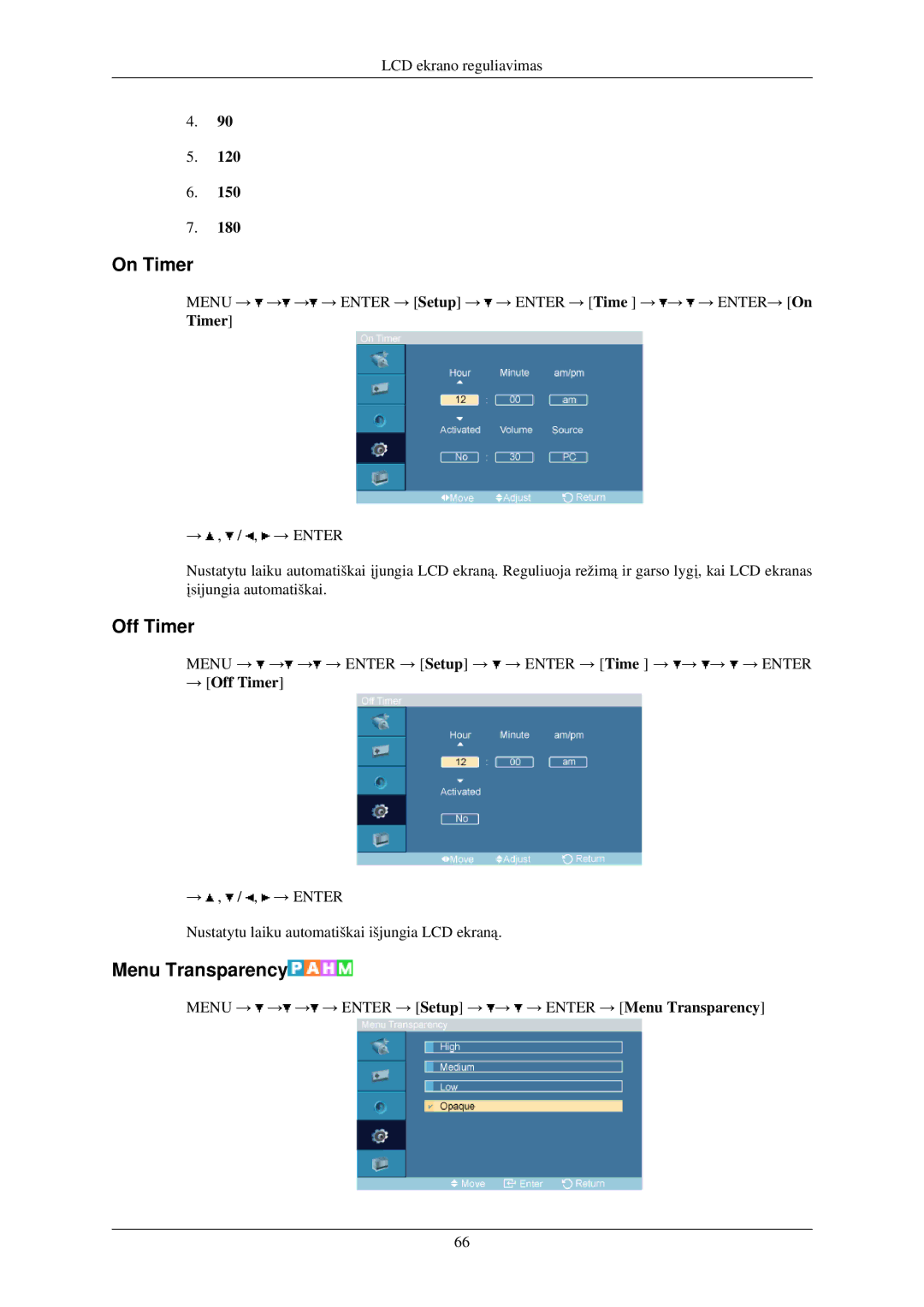 Samsung LH40TCUMBG/EN manual On Timer, Menu Transparency, → Off Timer 