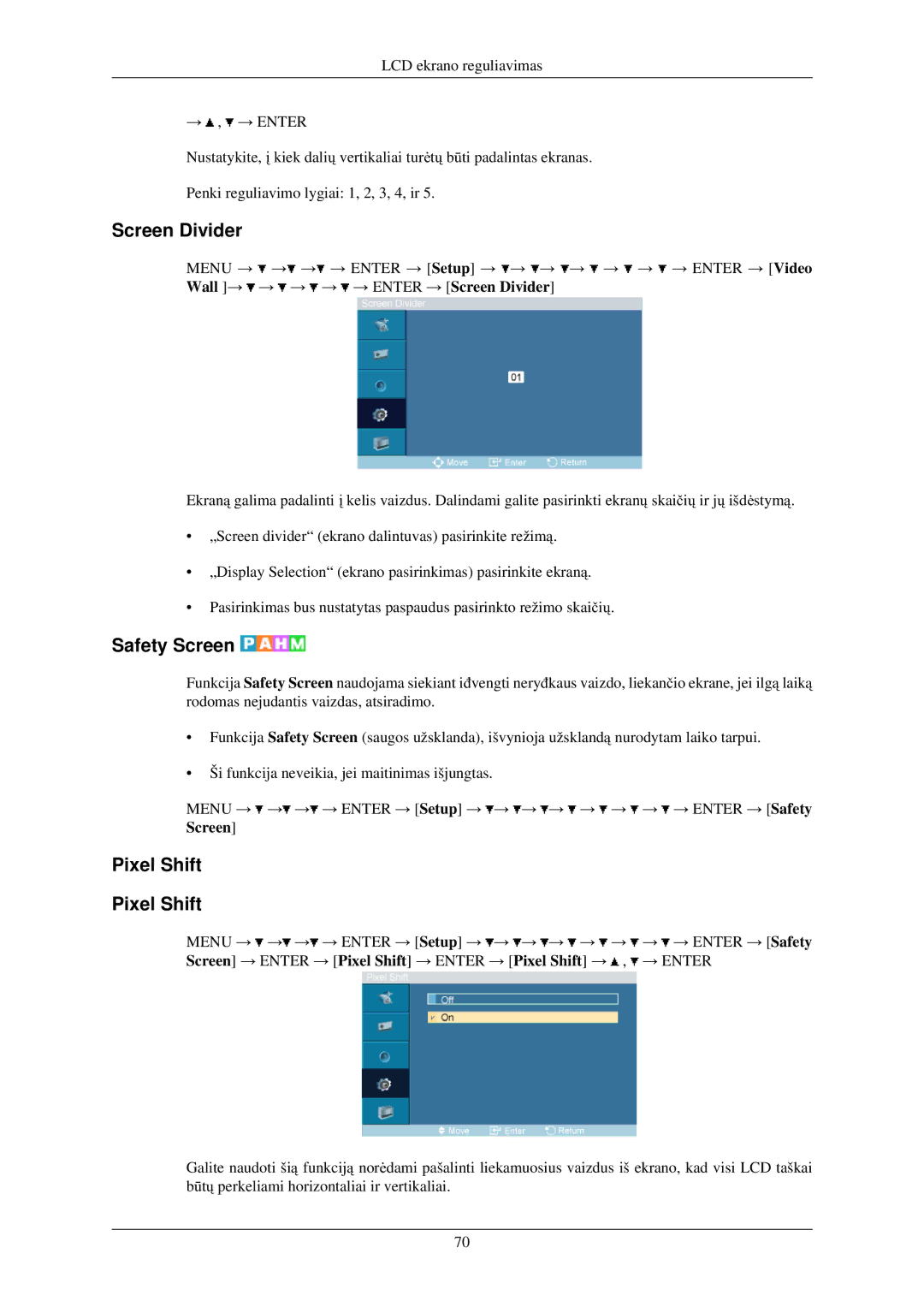 Samsung LH40TCUMBG/EN manual Screen Divider, Safety Screen, Pixel Shift 