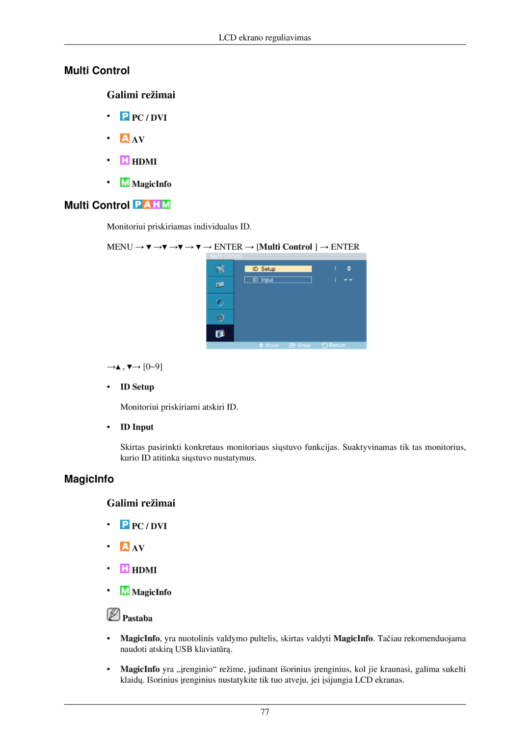 Samsung LH40TCUMBG/EN manual Multi Control, MagicInfo, ID Setup, ID Input 