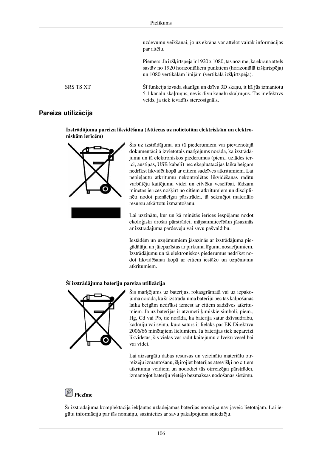 Samsung LH40TCUMBG/EN manual Pareiza utilizācija, Šī izstrādājuma bateriju pareiza utilizācija 