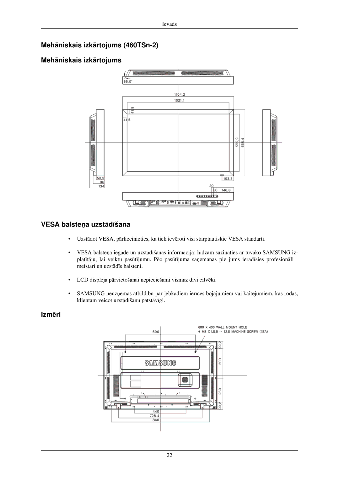 Samsung LH40TCUMBG/EN manual Mehāniskais izkārtojums 460TSn-2 Vesa balsteņa uzstādīšana, Izmēri 