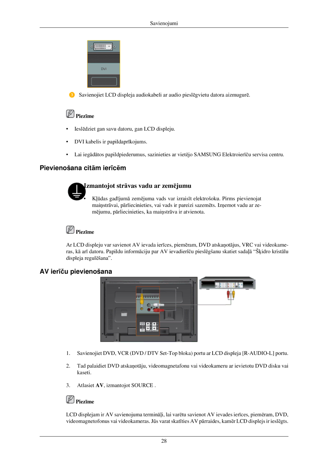 Samsung LH40TCUMBG/EN manual Pievienošana citām ierīcēm, AV ierīču pievienošana 