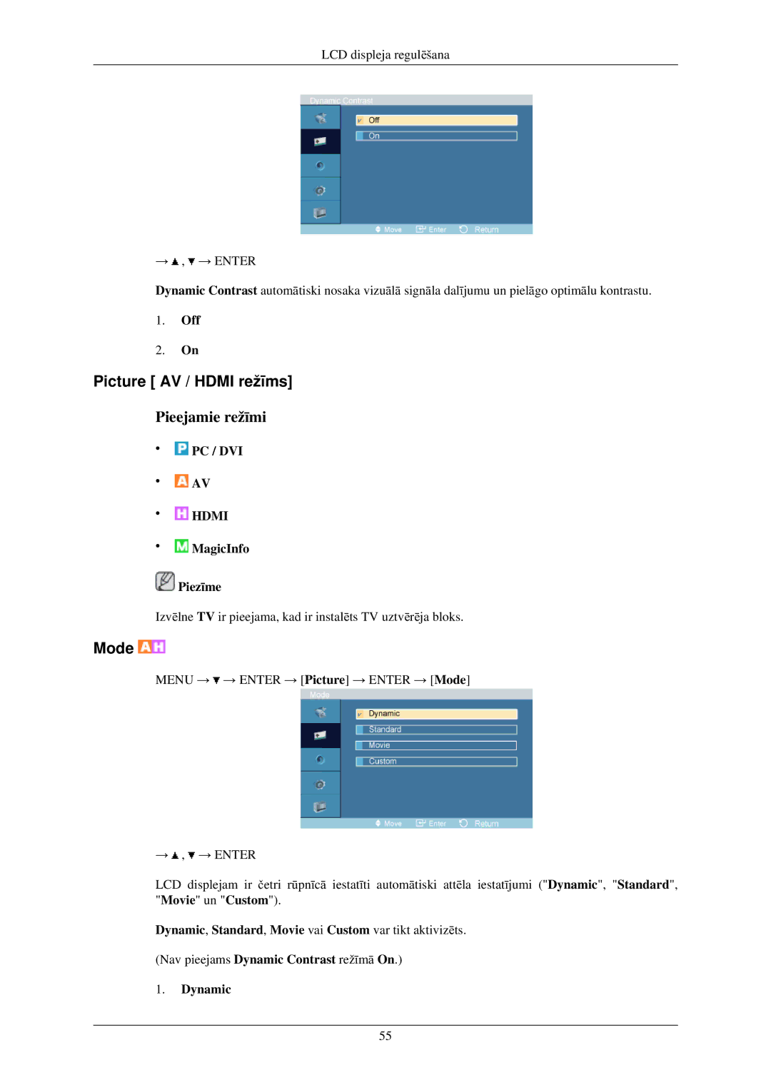Samsung LH40TCUMBG/EN manual Picture AV / Hdmi režīms, Mode, Off, Dynamic 