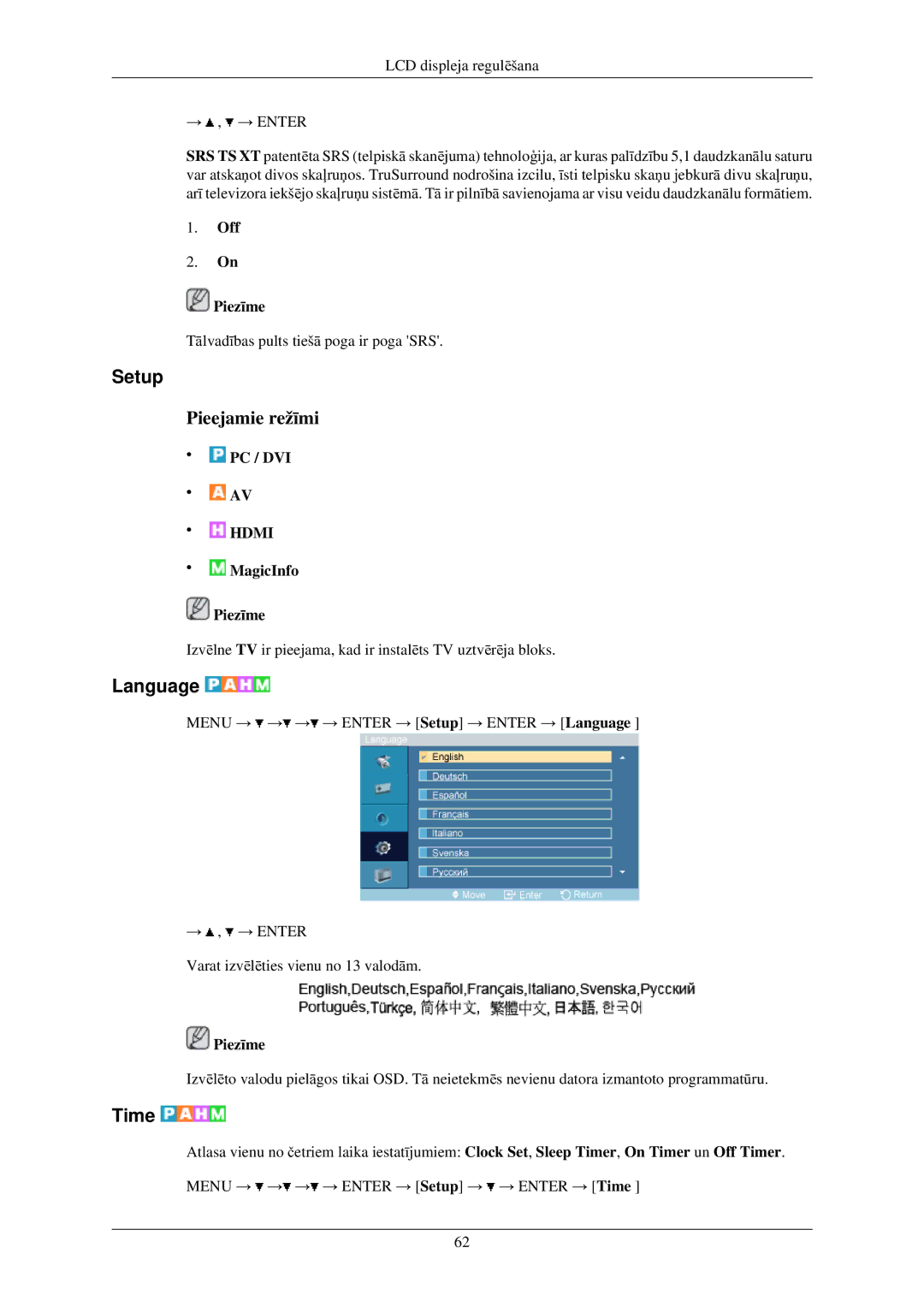 Samsung LH40TCUMBG/EN manual Setup, Language, Time, Off Piezīme 