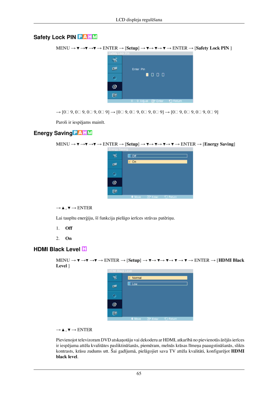 Samsung LH40TCUMBG/EN manual Safety Lock PIN, Energy Saving, Hdmi Black Level 