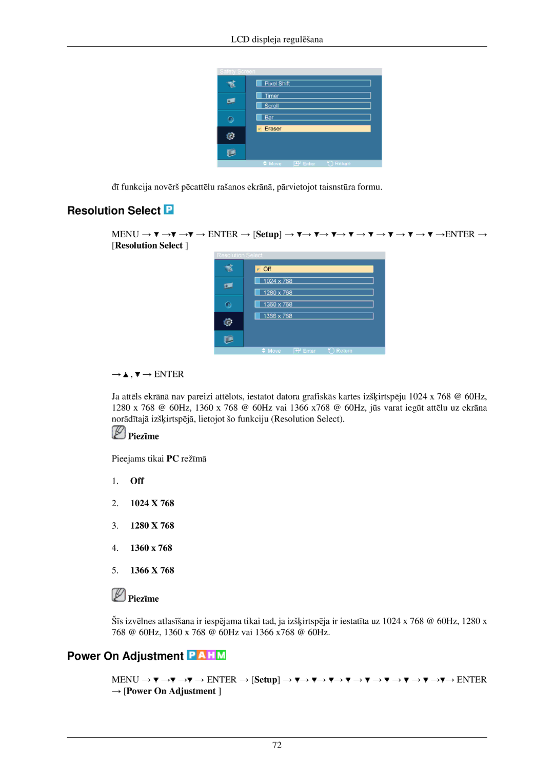 Samsung LH40TCUMBG/EN manual Resolution Select, Power On Adjustment, Off 1024 X 1280 X 1360 x 1366 X Piezīme 