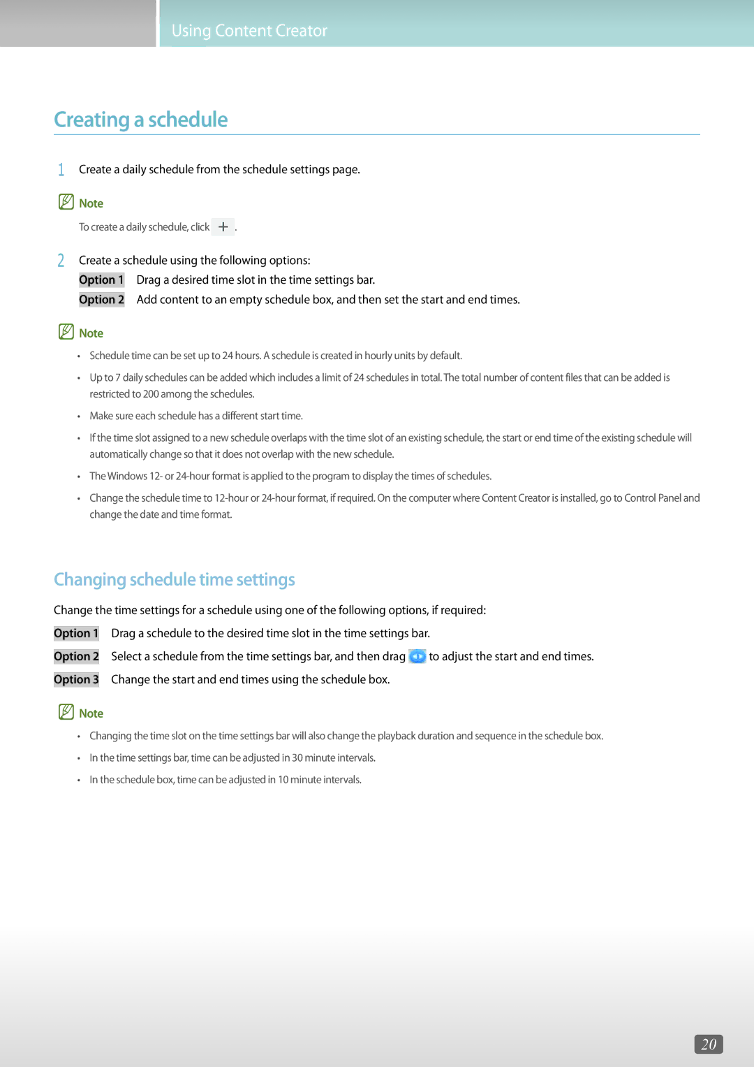 Samsung LH43DCJPLGC/EN, LH40RMDPLGU/EN, LH48RMDWLGU/UE, LH40RMDWLGU/UE Creating a schedule, Changing schedule time settings 