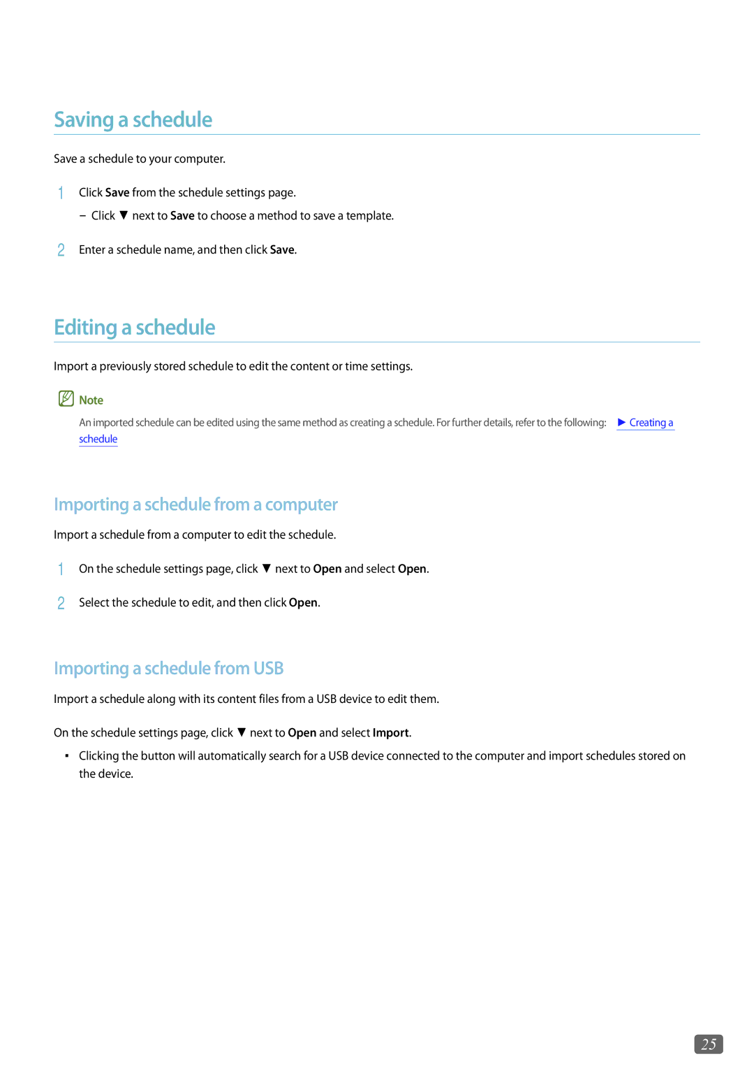 Samsung LH40RMDPLGU/EN, LH43DCJPLGC/EN manual Saving a schedule, Editing a schedule, Importing a schedule from a computer 