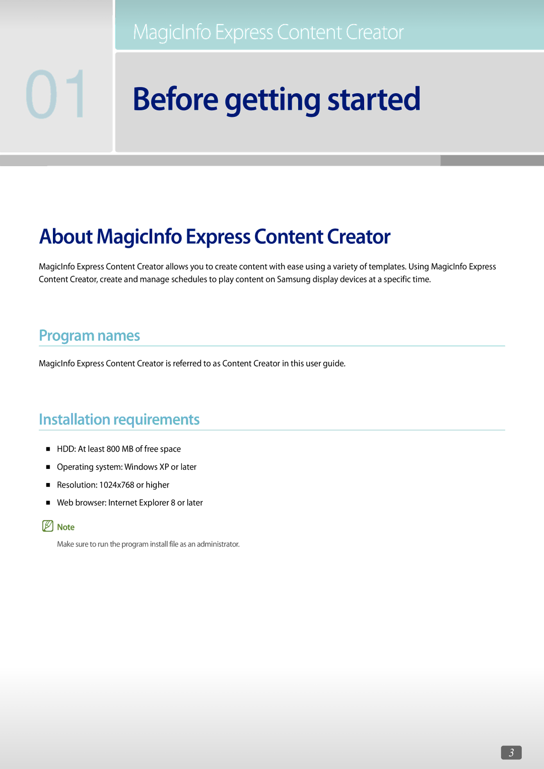 Samsung LH40RMDWLGU/UE, LH43DCJPLGC/EN About MagicInfo Express Content Creator, Program names, Installation requirements 