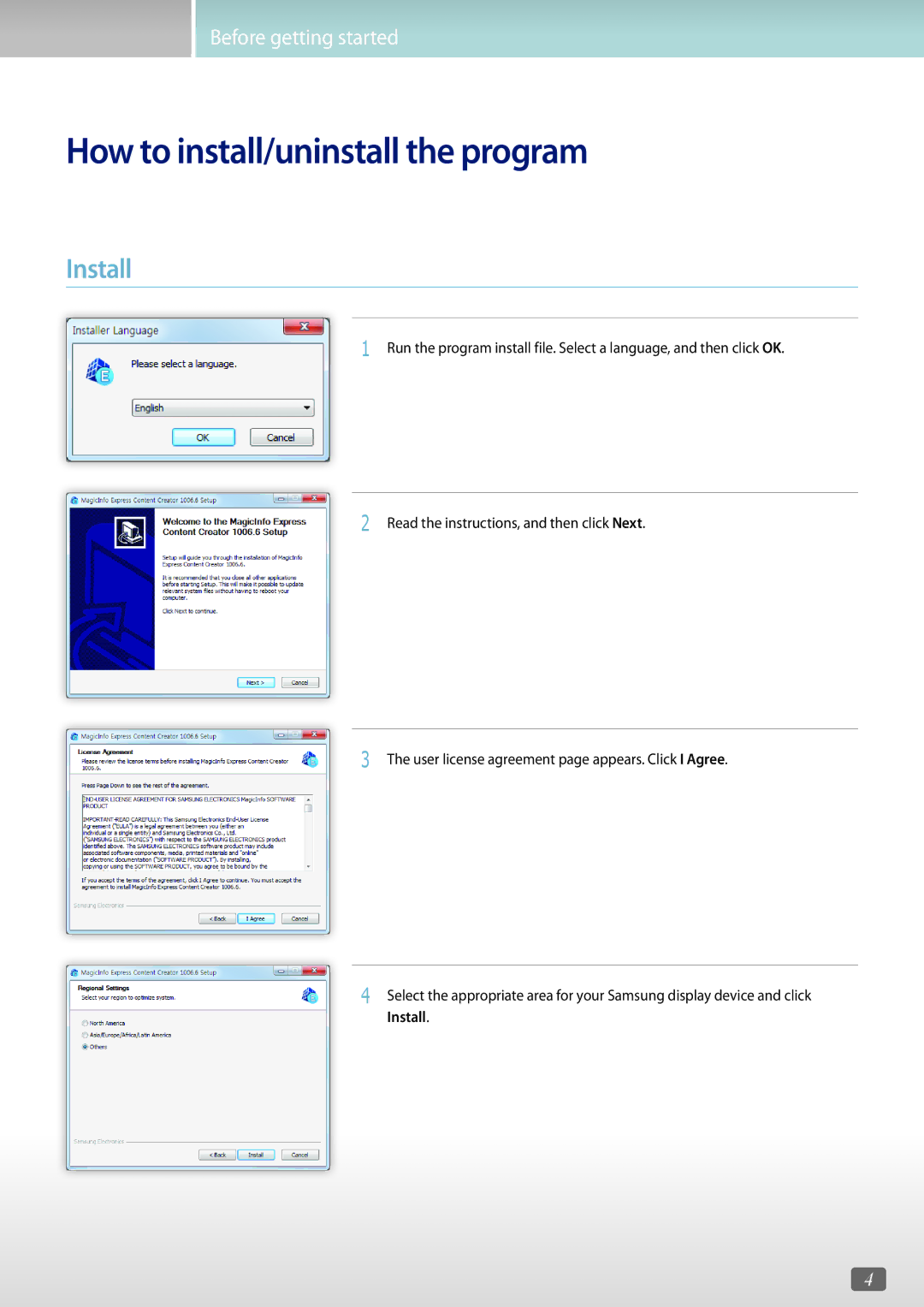 Samsung LH43DCJPLGC/EN, LH40RMDPLGU/EN, LH48RMDWLGU/UE, LH40RMDWLGU/UE manual How to install/uninstall the program, Install 