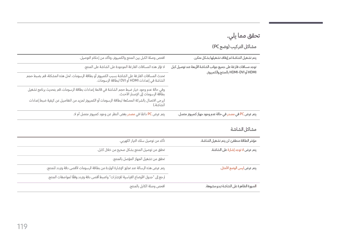 Samsung LH49DCHPLGC/NG, LH43DCJPLGC/EN manual 119, يلي امم ققحت, Pc عضو بيكرتلا لكاشم, ةشاشلالكاشم, لثملأا عضولا سيل ضرع متي 