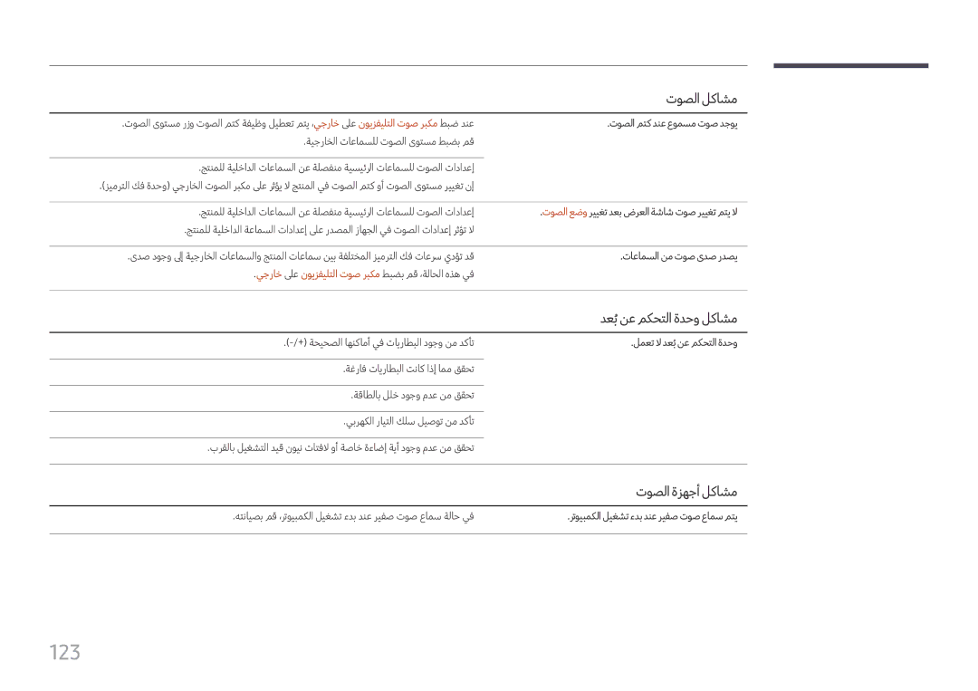 Samsung LH43DCJPLGC/EN, LH49DCHPLGC/EN, LH49DCHPLGC/NG manual 123, دعبُنع مكحتلا ةدحو لكاشم, توصلا ةزهجأ لكاشم 