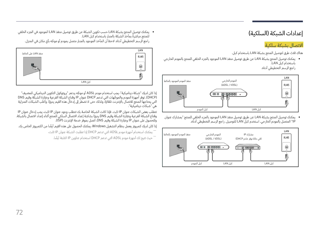 Samsung LH43DCJPLGC/EN, LH49DCHPLGC/EN, LH49DCHPLGC/NG manual ةيكلسلا ةكبشلا تادادعإ, ةيكلس ةكبشب لاصتلاا 