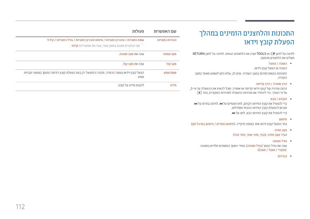 Samsung LH49DCJPLGC/CH, LH43DCJPLGC/EN, LH49DCHPLGC/EN manual 112, עמש תפש, לעפה / ההשה, המידק ץרה / הרוחא ץרה, שופיח 