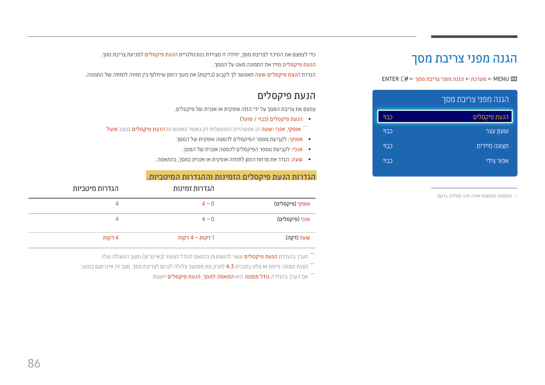 Samsung LH49DCHPLGC/EN, LH43DCJPLGC/EN manual ךסמ תבירצ ינפמ הנגה, תויבטימה תורדגההו תונימזה םילסקיפ תענה תורדגה 