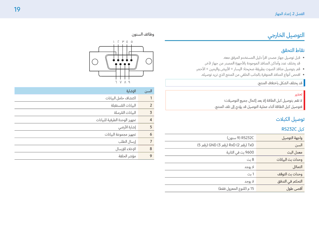 Samsung LH49PHFPMGC/NG, LH43PMFPBGC/EN manual يجراخلا ليصوتلا, ققحتلا طاقن, تلابكلا ليصوت, RS232C لبك, نونسلا فئاظو 