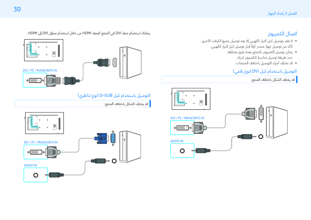 Samsung LH32PMFPBGC/NG manual رتويبمكلا لاصتا, يرظانت عون D-Sub لبك مادختساب ليصوتلا, يمقر عون Dvi لبك مادختساب ليصوتلا 