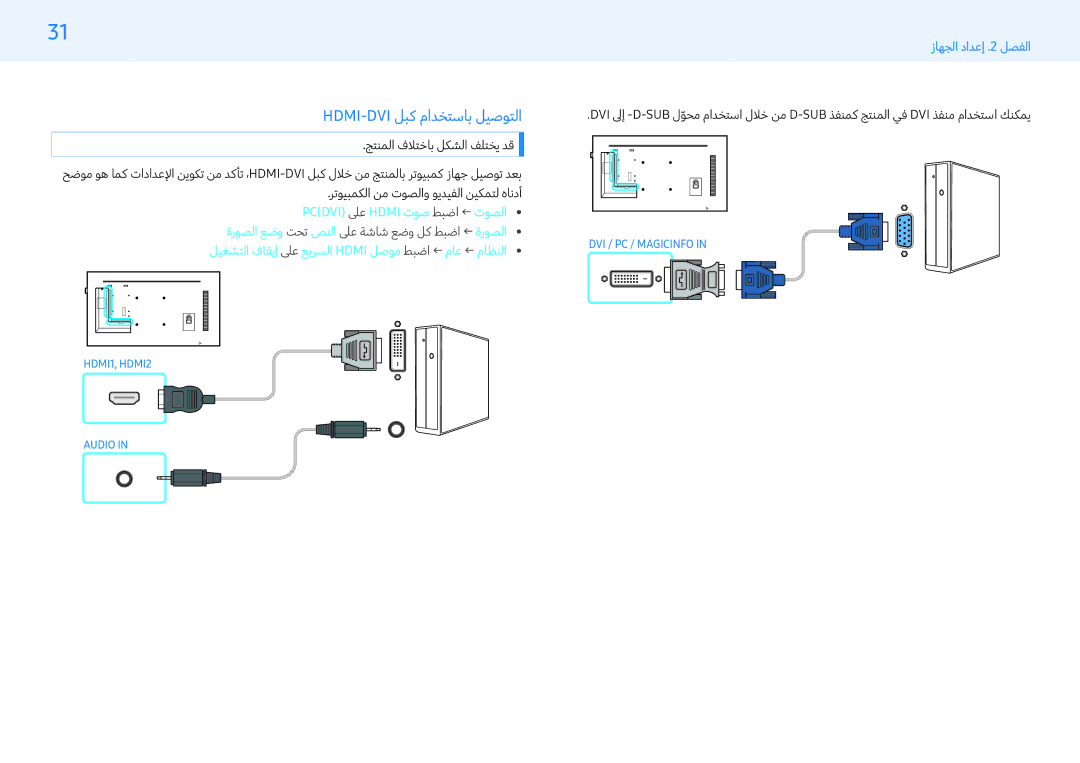 Samsung LH49PHFPBGC/UE, LH43PMFPBGC/EN, LH32PMFPBGC/EN, LH32PMFPBGC/NG, LH49PHFPBGC/NG manual Hdmi-Dvi لبك مادختساب ليصوتلا 