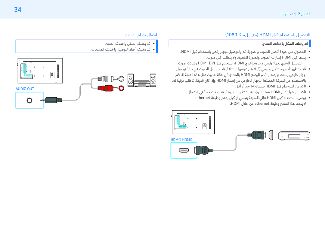 Samsung LH49PMFPBGC/NG, LH43PMFPBGC/EN, LH32PMFPBGC/EN manual توصلا ماظن لاصتا, 1080 بكسل ىتح Hdmi لبك مادختساب ليصوتلا 