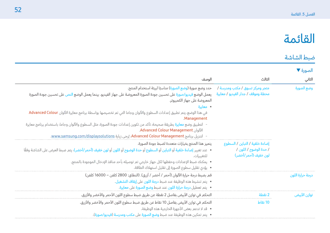 Samsung LH49PHFPBGC/UE manual ةمئاقلا, ةشاشلا طبض, فصولا, معايرة لىع وضع الصورة طبض دنع درجة حرارة اللون ليطعت متي 