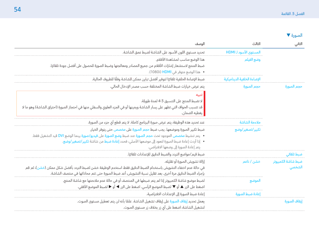 Samsung LH49PHFPMGC/NG المسالمستوى الأسود لـ, وضع الفيلم, الإضاءة الخلفية الديناميكي, حجم الصورة, ملاءمة الشاش, ضبط تلقائي 