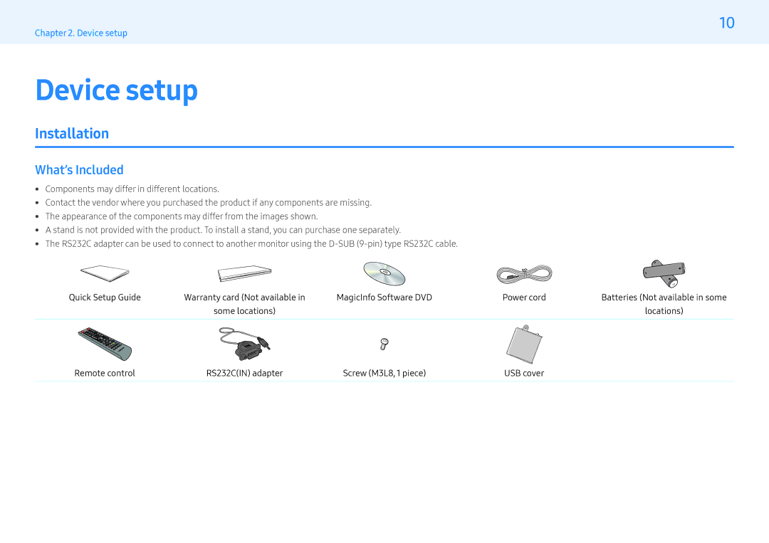 Samsung LH49PMFPBGC/XV, LH43PMFPBGC/EN, LH32PMFPBGC/EN, LH32PMFPBGC/NG manual Device setup, Installation, What’s Included 